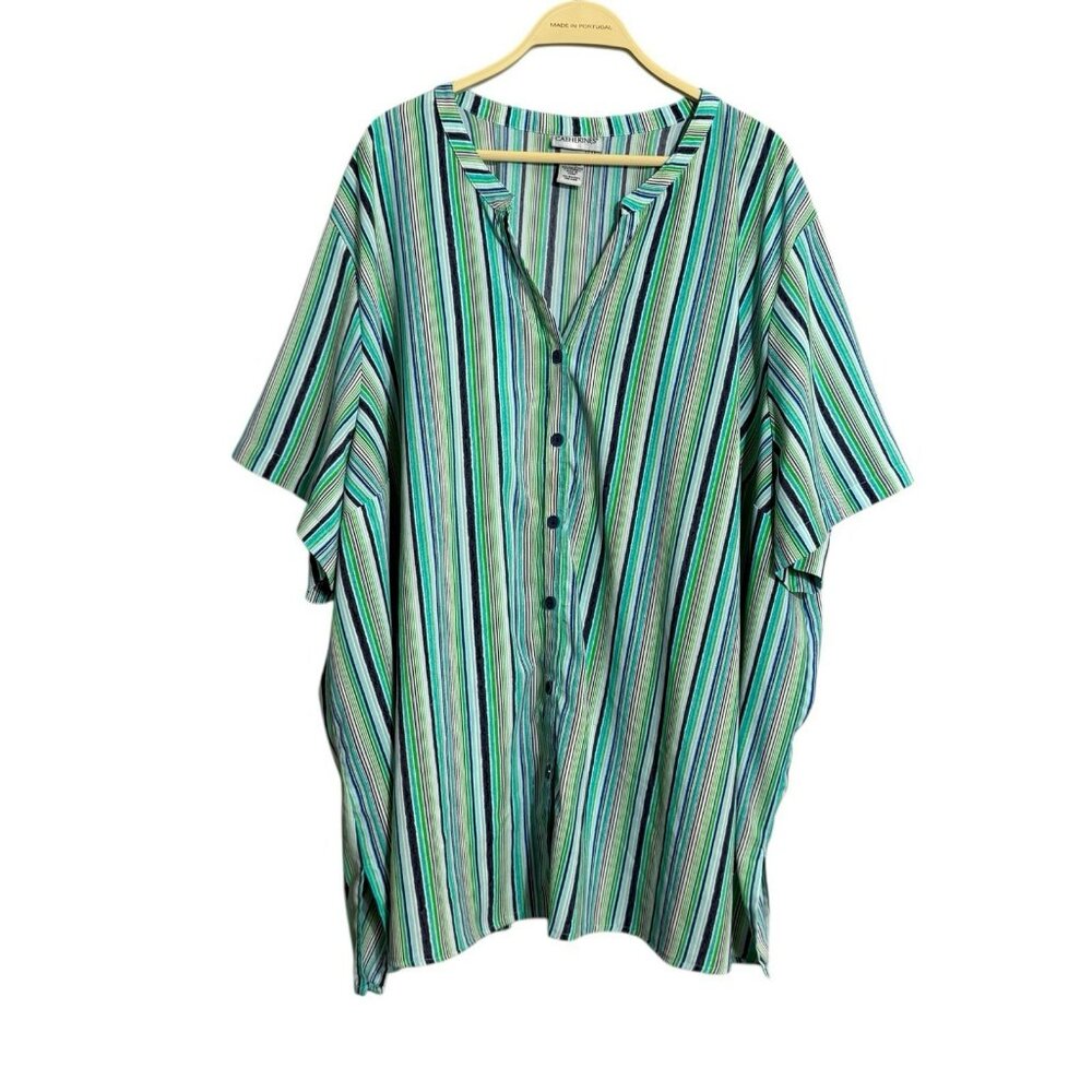 Catherines Blouse Button Top Women 4X 30W 32W Striped Vertical Retro Patterned